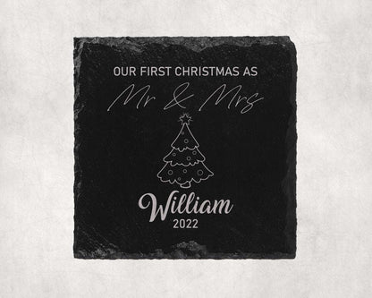Personalised First Christmas As Mr Mrs Slate Coasters Name Laser Engraved Gift