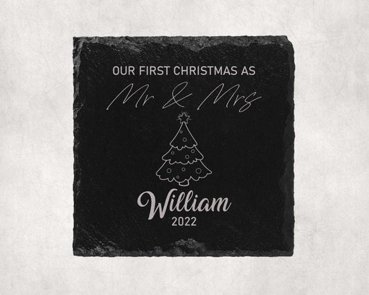 Personalised First Christmas As Mr Mrs Slate Coasters Name Laser Engraved Gift