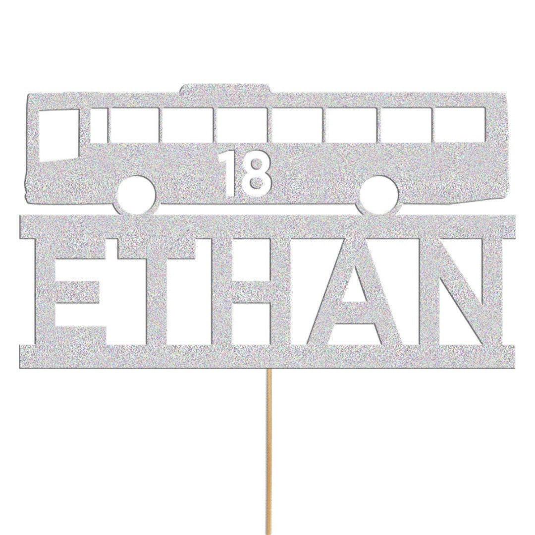Personalised Glitter Bus Cake Topper: Custom Name & Age