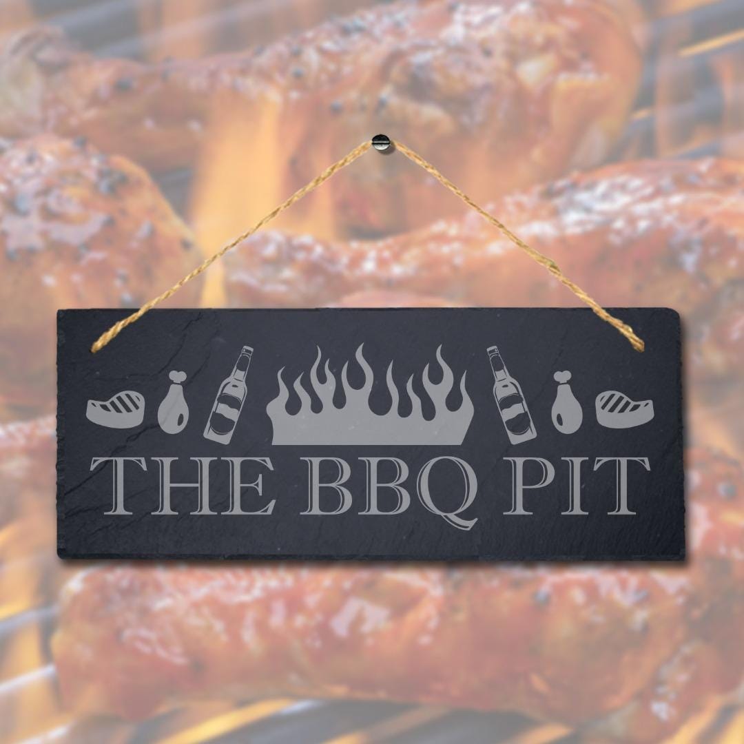 The Bbq Pit Laser Engraved Hanging Slate Chicken Grilled Party Home Plaque Sign