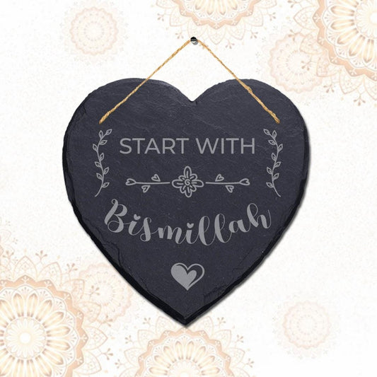 Start With Bismillah Engraved Islamic Wall Hanging Slate Heart Shape Plaque Sign