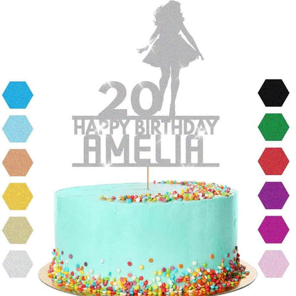 Personalised Glitter Lady Cake Topper: Any Name & Age