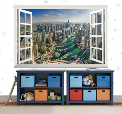 Dubai Cityscape Wall Decal: 3D Window View Vinyl Mural