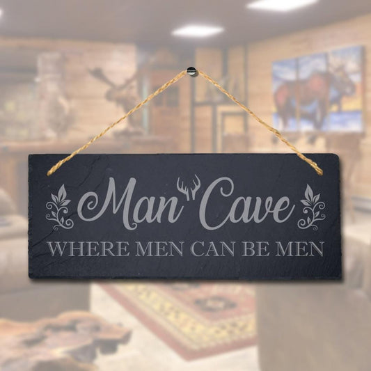 Laser Engraved Man Cave Slate Plaque with Jute Rope