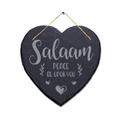 Salaam Peace Be Upon You Engraved Wall Hanging Islamic Heart Home Slate Plaque Sign