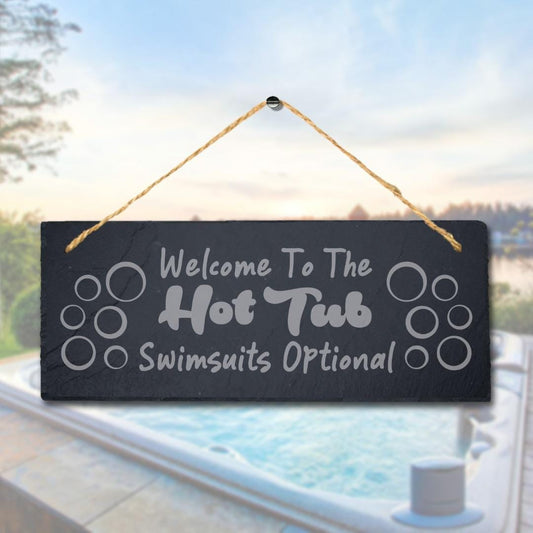 Welcome To The Hot Tub Swimsuits Laser Engraved Hanging Slate Pool Plaque Sign