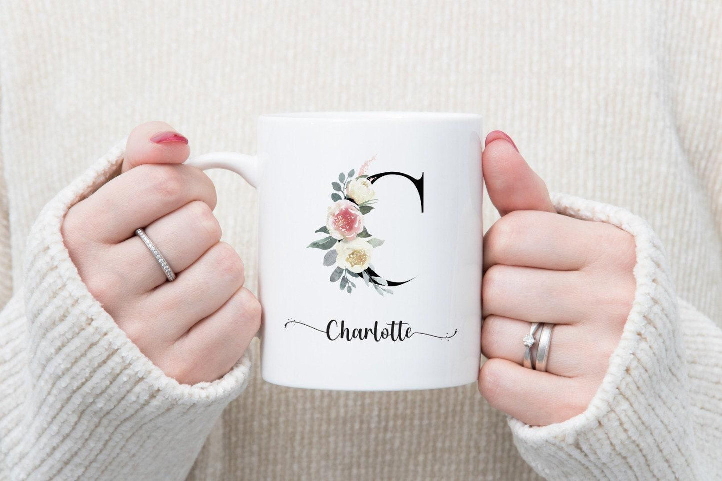 Personalised Floral Initial Mug: Watercolor Flower Monogram Gift