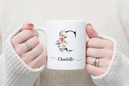 Personalised Floral Initial Mug: Watercolor Flower Monogram Gift