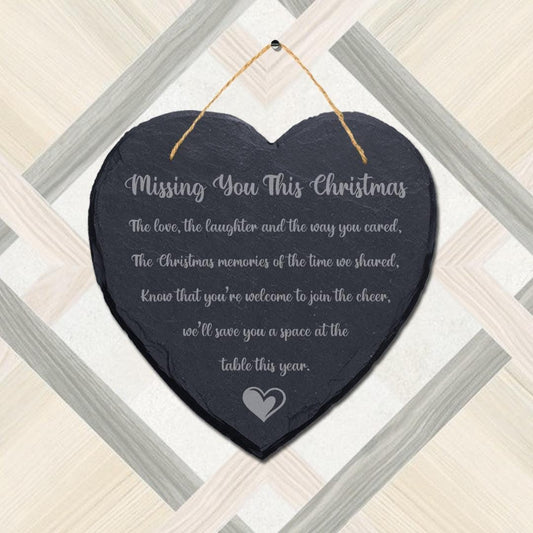 Missing You This Christmas Engraved Hanging Memorial Heart Shape Slate Plaque Sign