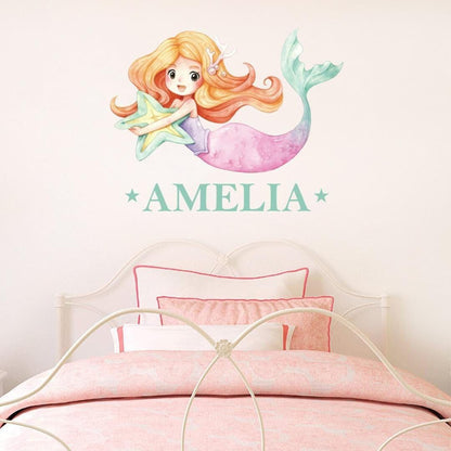 Personalised Mermaid Wall Sticker Name Decal Vinyl Girls Kids Nursery Bedroom