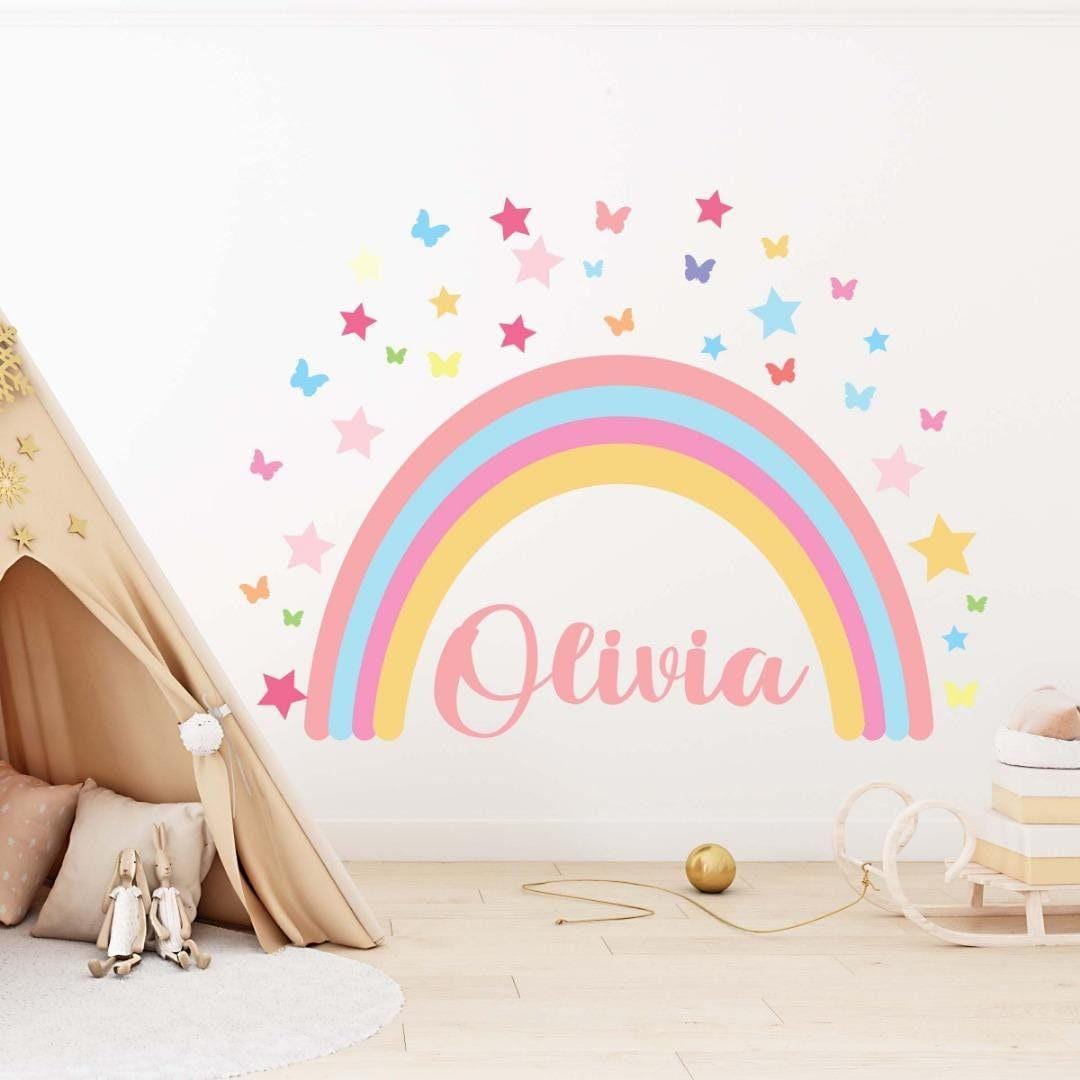 Personalise Rainbow Hearts Butterflies Wall Mural Stickers Nursery Bedroom Set