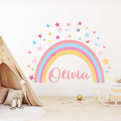 Personalise Rainbow Hearts Butterflies Wall Mural Stickers Nursery Bedroom Set