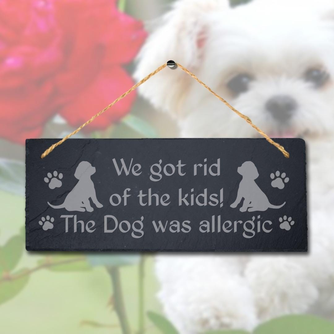 The Dog Was Allergic Engraved Hanging Slate Kennels Puppy Funny Gift Wall Sign