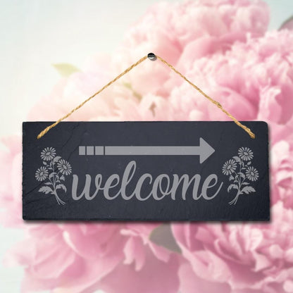 Welcome Right Way Arrow Laser Engraved Hanging Slate Wedding Venue Plaque Sign