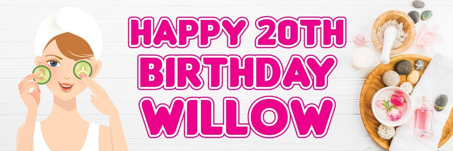Personalised Spa Birthday Banner: Blue, Pink, Purple Party Decor (Set of 2)