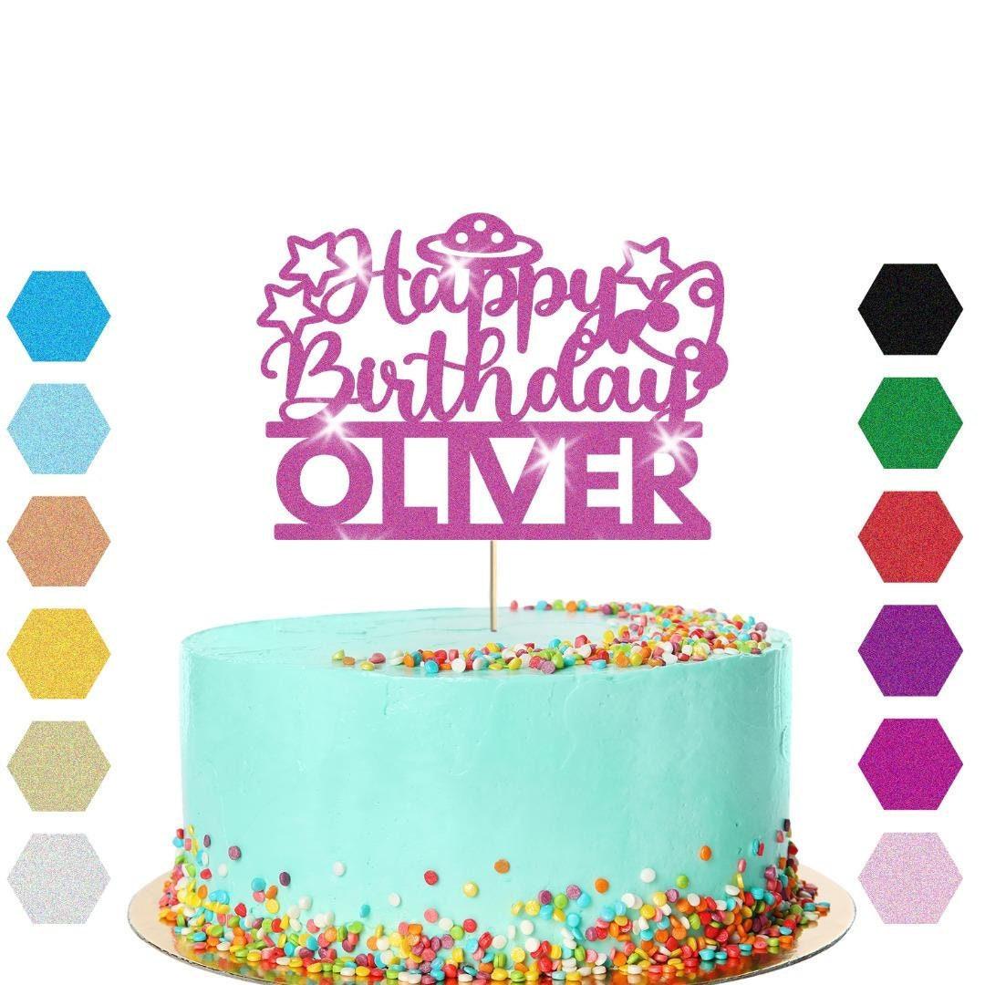 Personalised Glitter Outer Space Birthday Cake Topper: Alien UFO Theme Party Decoration