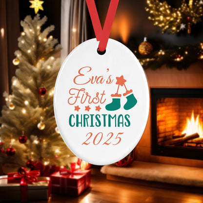 Personalised Babys First Christmas Oval Ceramic Bauble Tree Hanging Decoration Keepsake