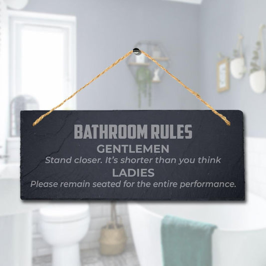 Washroom Rules For Gentlemen Ladies Engraved Hanging Slate Humorous Plaque Sign