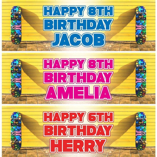 2 Personalised Skateboard Birthday Party Celebration Banners Decoration Posters