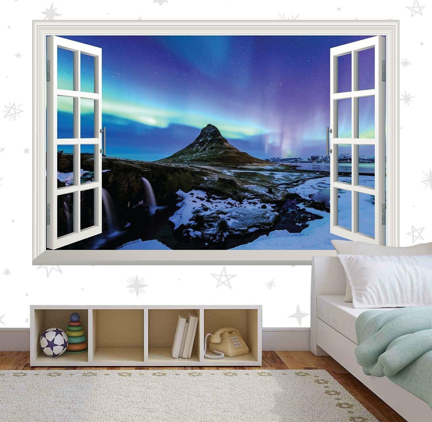 Northern Lights 3D Window View Wall Decal: Aurora Scenic Mural