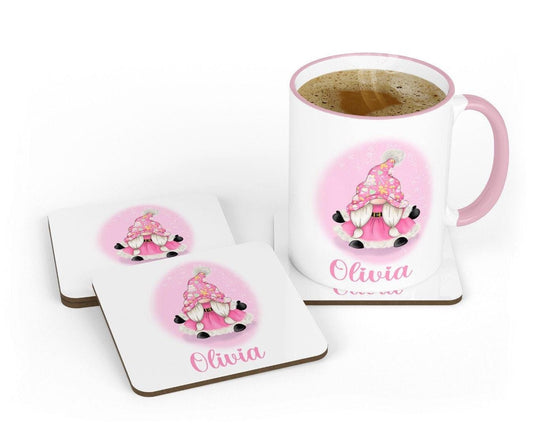 Personalised Pink Gonk Mug & Coaster Set: Custom Name Gift
