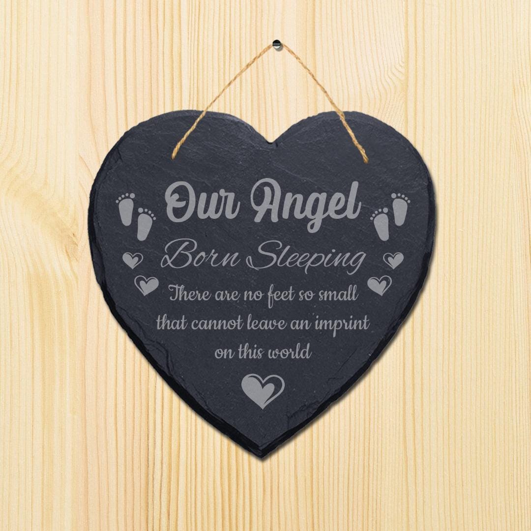 Our Angel Born Sleeping Laser Engraved Hanging Memorial Heart Shape Slate Sign