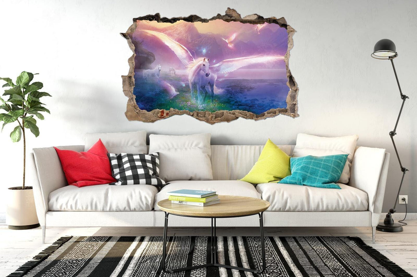 Unicorn Wall Sticker Fantasy Fairytale Pegasus Unicorn Wings 3D Crack View Girls Bedroom Poster Decal