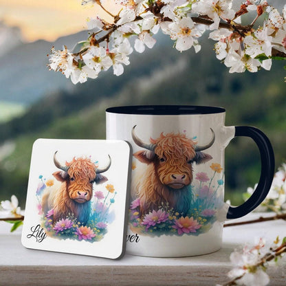 Personalised Highland Cow Mug and Coaster Set: Birthday Gift