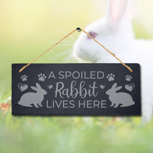 Spoiled Rabbit Lives Here Laser Engraved Hanging Slate Rabbit Bunny Plaque Sign