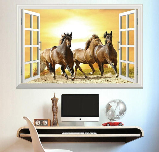 3D Running Horses Wall Decal: Sunset Window View Vinyl Mural