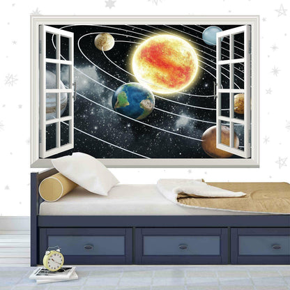3D Solar System Window View Wall Decal: Galaxy Planets Vinyl Mural