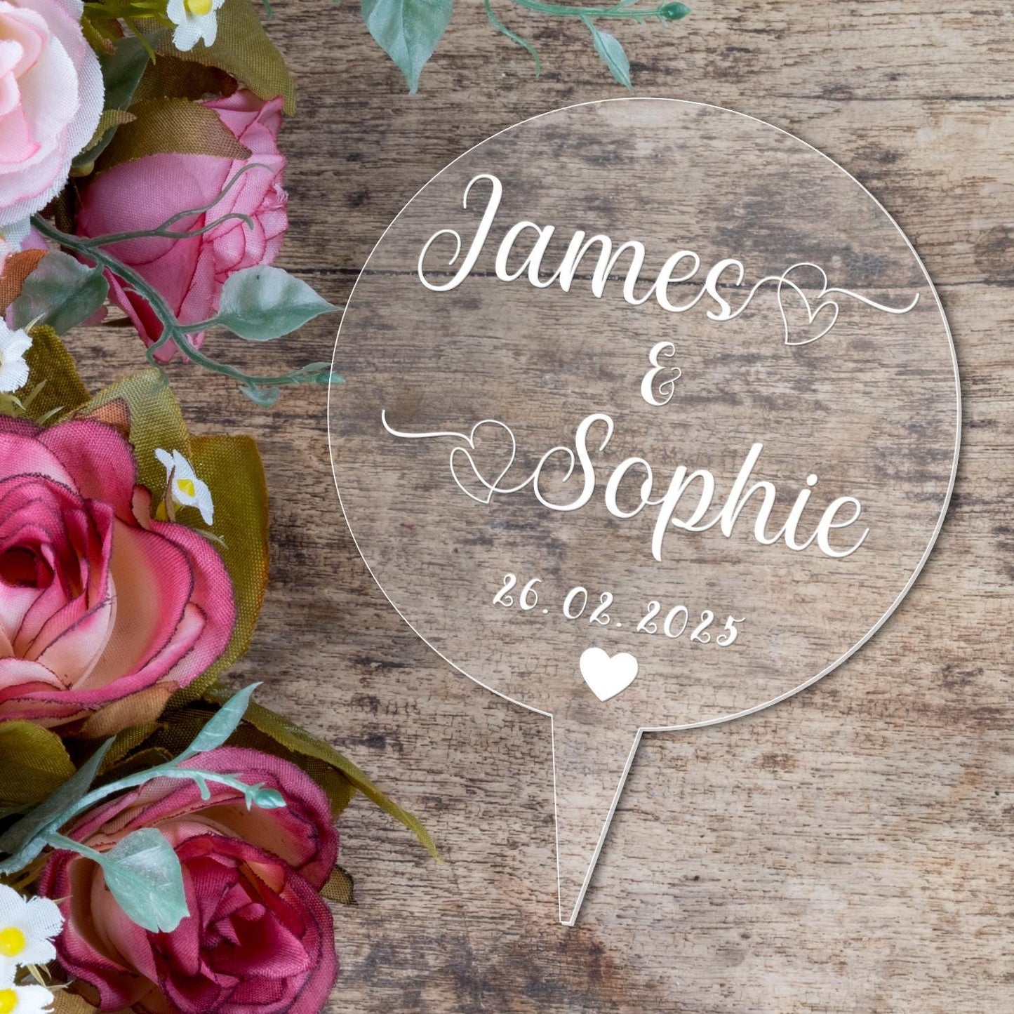 Personalised Wedding Cake Topper Engraved Acrylic Round Decoration Keepsake