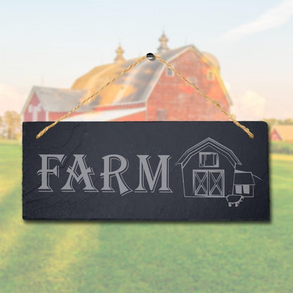 Farm With House Sketch Laser Engraved Hanging Slate Farmhouse Decor Plaque Sign