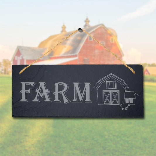 Farm With House Sketch Laser Engraved Hanging Slate Farmhouse Decor Plaque Sign