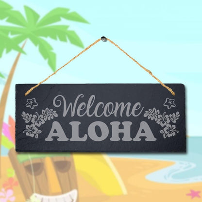 Welcome Aloha Love Peace Laser Engraved Hanging Slate Ocean Beach Plaque Sign
