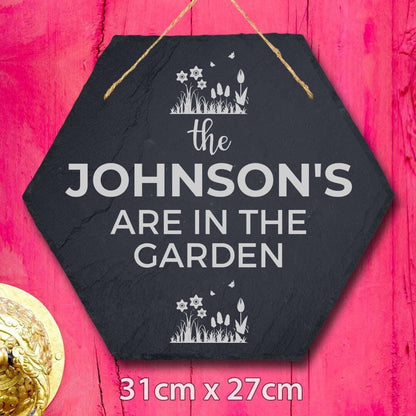 Personalised In The Garden Family Name Hanging Slate Engraved Sign Plaque