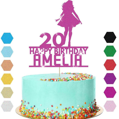 Personalised Glitter Lady Cake Topper: Any Name & Age