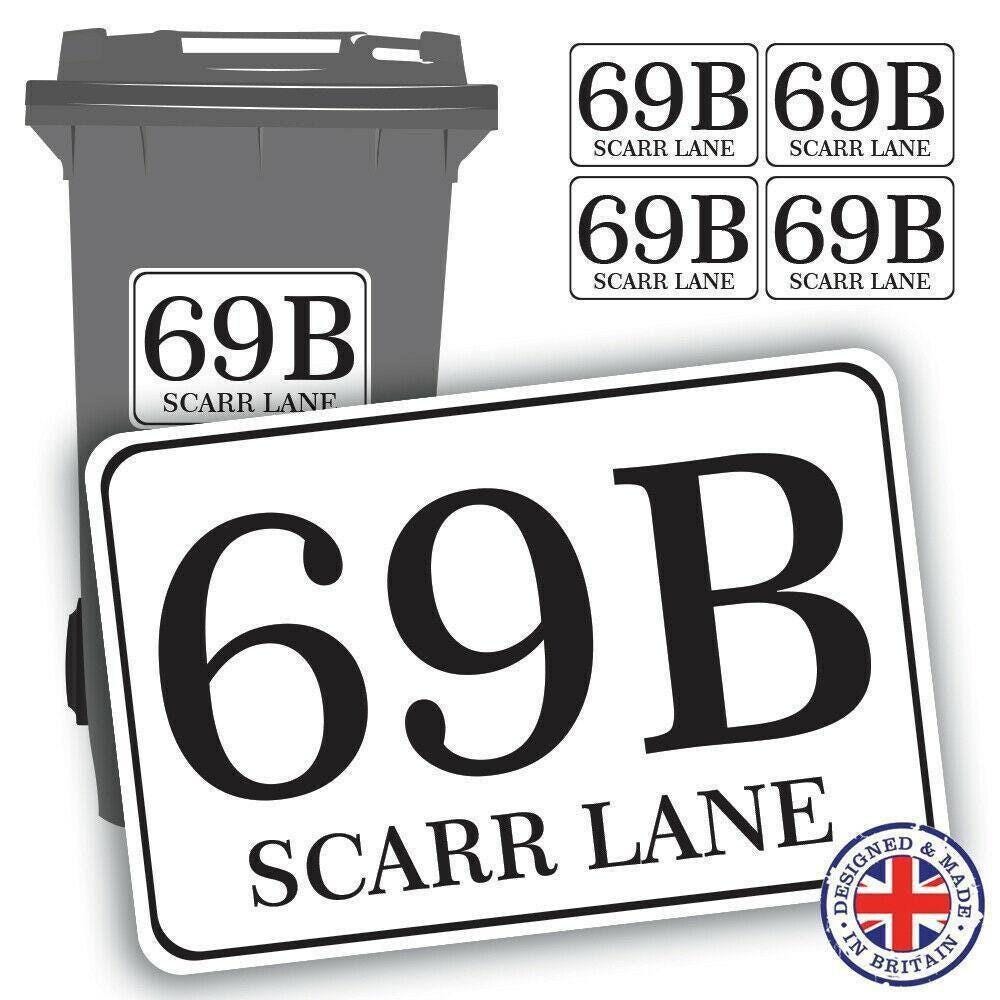 4 X Wheelie Bin Waterproof Stickers Sign Address Numbers Street Road House Name