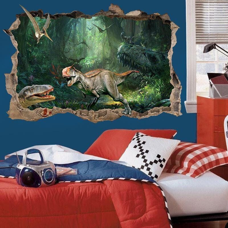 T Rex Dinosaur Wall Sticker Dinosaurs Species 3d Crack View Effect Poster Vinyl Children Bedroom