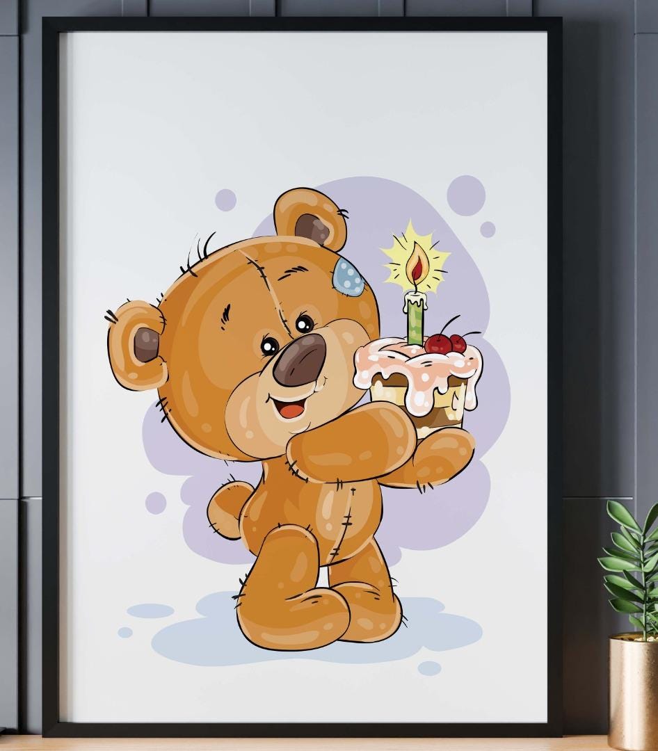Teddy Bear Birthday Cake Poster: Scandinavian Nursery Art Print