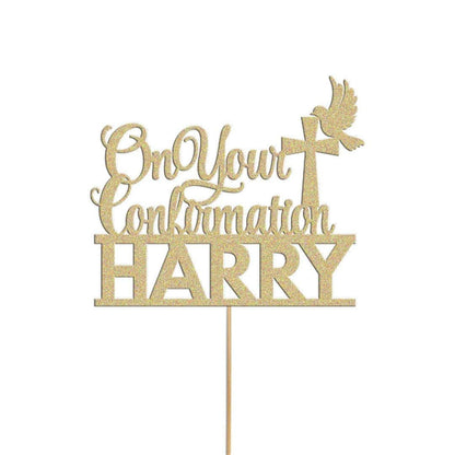 Personalised Glitter Confirmation Cake Topper: Dove, Cross, Any Name