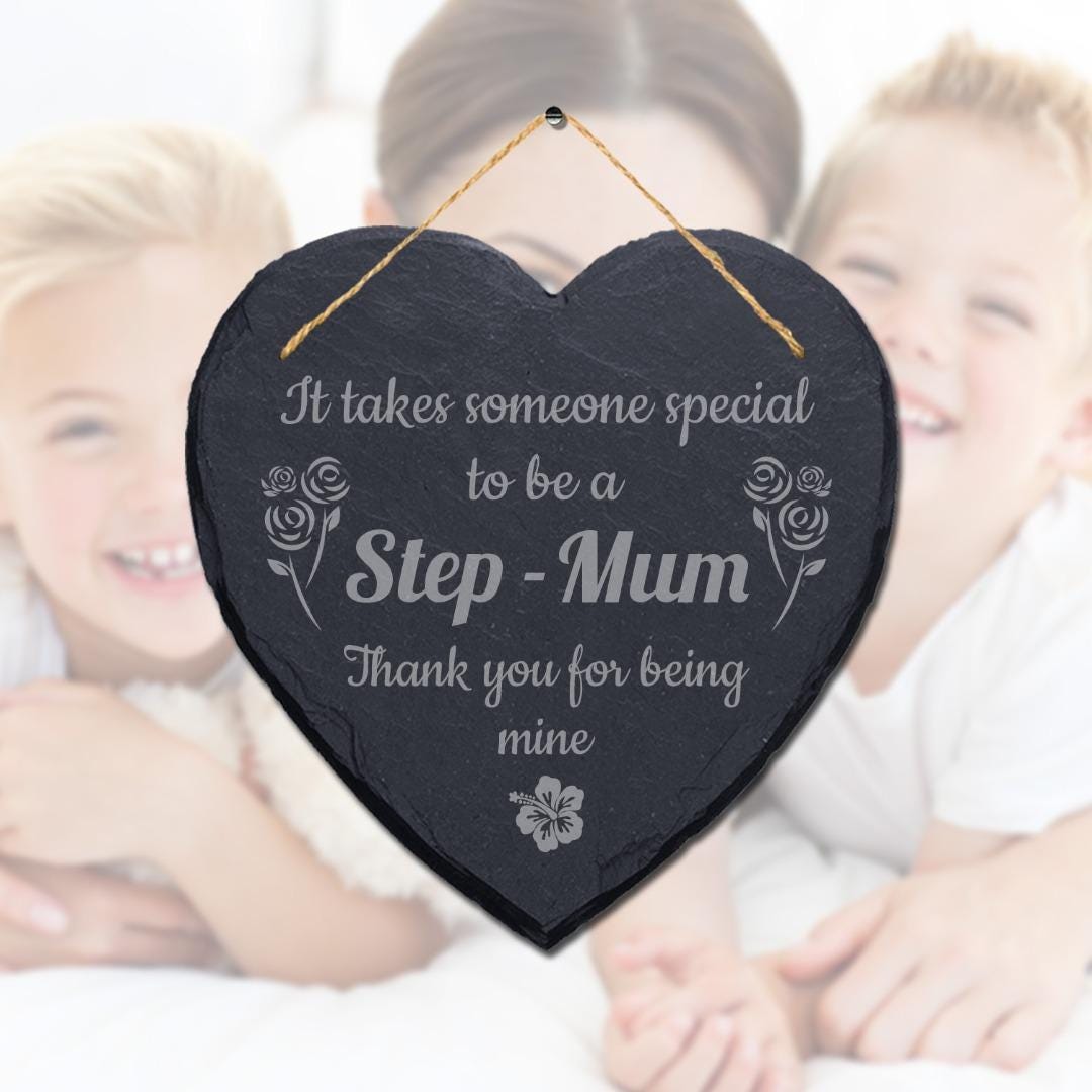 Step Mum Gift: Heart Slate Hanging Plaque with Jute Rope