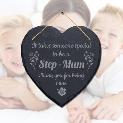 Step Mum Gift: Heart Slate Hanging Plaque with Jute Rope