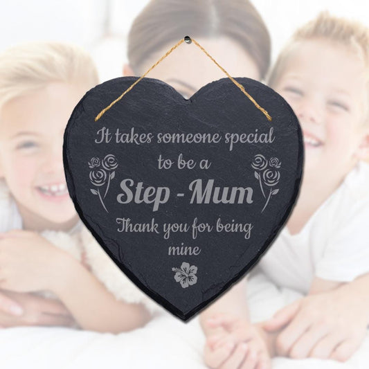 Step Mum Gift: Heart Slate Hanging Plaque with Jute Rope