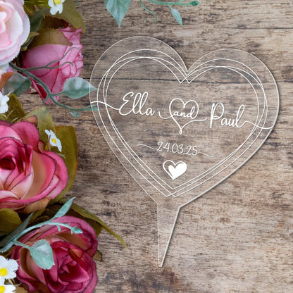 Personalised Names Wedding Cake Topper Heart Decoration Engraved Acrylic Keepsake
