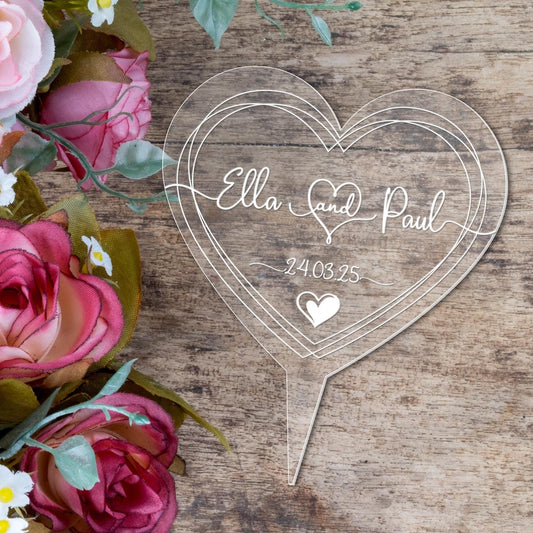 Personalised Names Wedding Cake Topper Heart Decoration Engraved Acrylic Keepsake