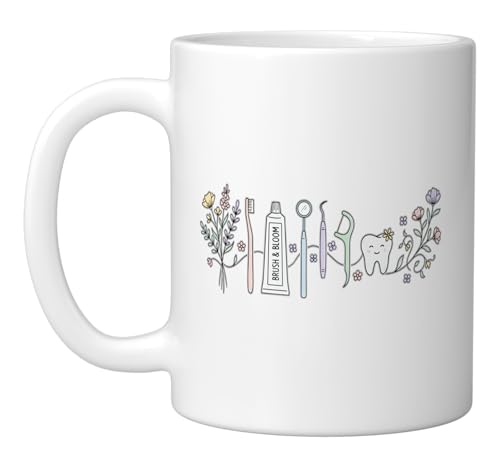 Cute Tooth Brush And Bloom Floral Dental | Ceramic Coffee Mug | 11 OZ