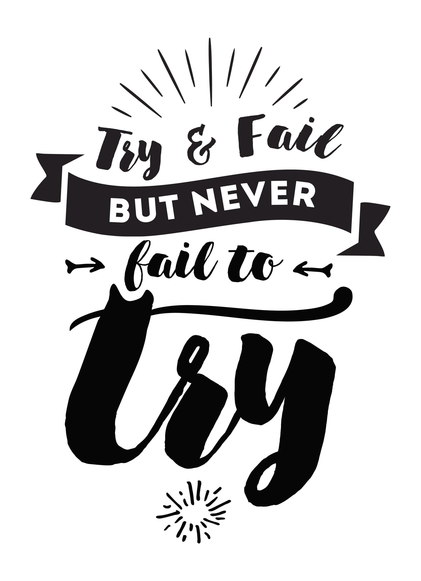 Try & Fail But Never Inspirational Positive Quote Fail Poster Print Wall