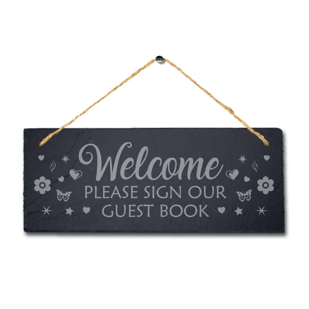 Welcome Guest Book Engraved Hanging Rustic Slate Wedding Christening Plaque Sign
