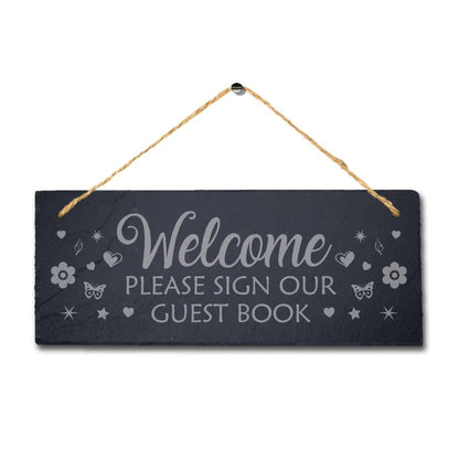 Welcome Guest Book Engraved Hanging Rustic Slate Wedding Christening Plaque Sign